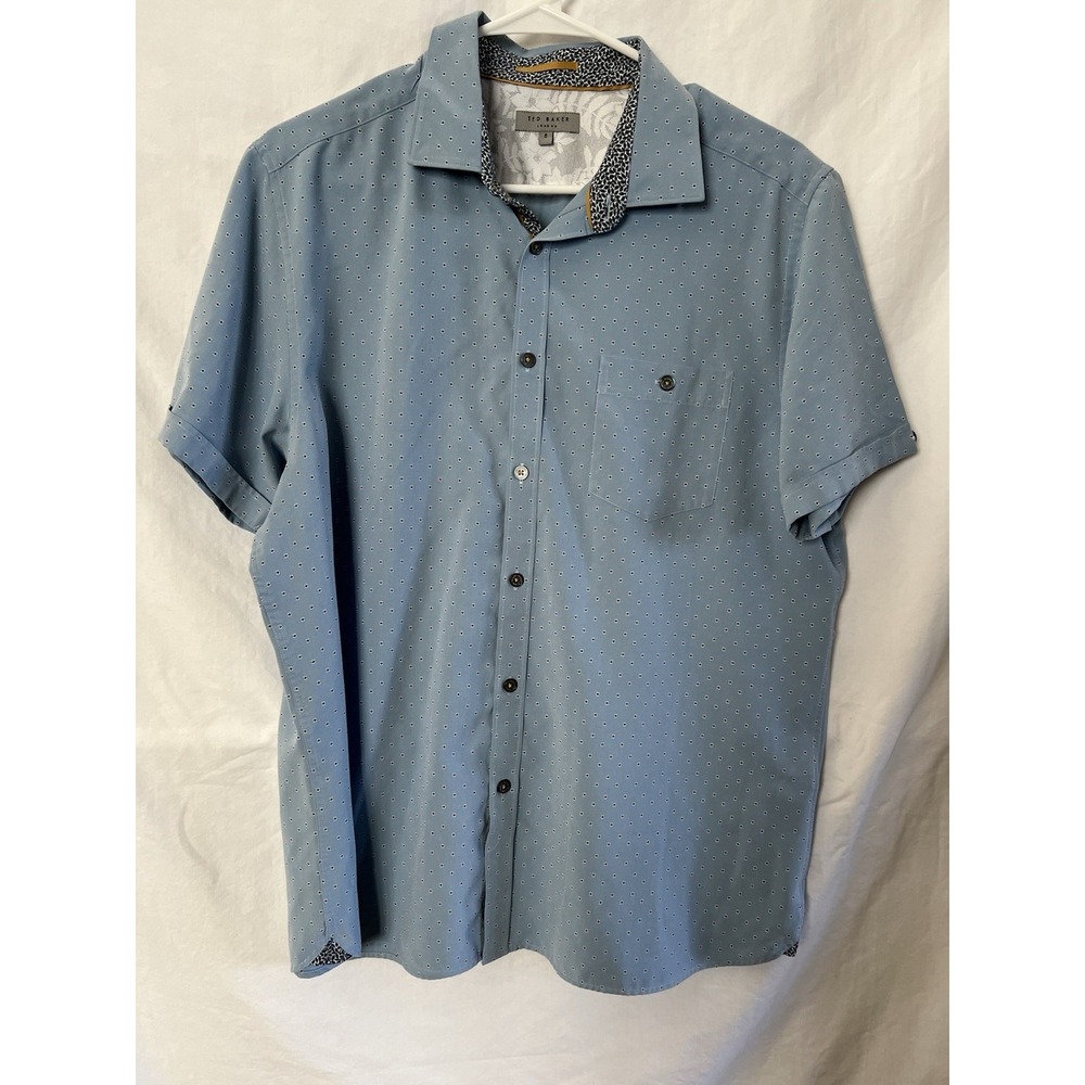 Ted Baker London Button Down Shirt Light Blue Geometric Pattern  Men's Size 5/XL